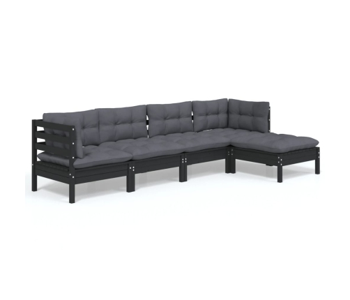 Muebles de jardín 5 pzas con cojines negro madera de pino