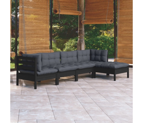 Muebles de jardín 5 pzas con cojines negro madera de pino