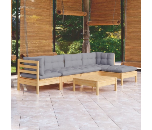 Juego de muebles de jardín 6 pzas y cojines madera pino gris