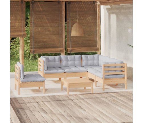 Juego de muebles de jardín 6 pzas y cojines madera pino gris