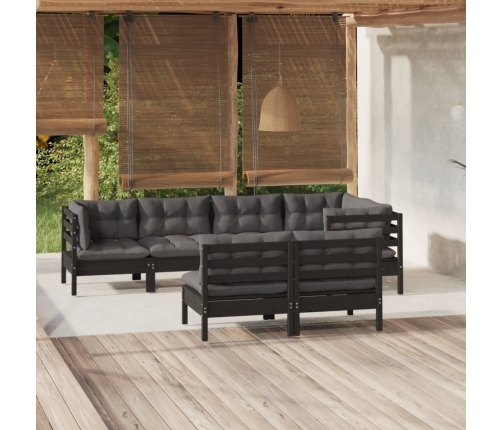 Muebles de jardín 7 pzas y cojines negro madera maciza de pino