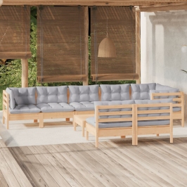 Juego de muebles de jardín 9 pzas y cojines madera maciza pino