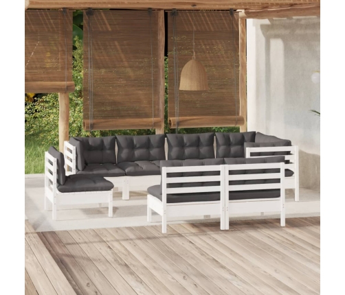 Muebles de jardín 8 pzas y cojines blanco madera maciza de pino