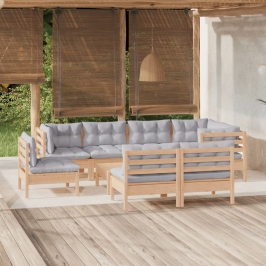 Juego de muebles de jardín 9 pzas y cojines madera maciza pino