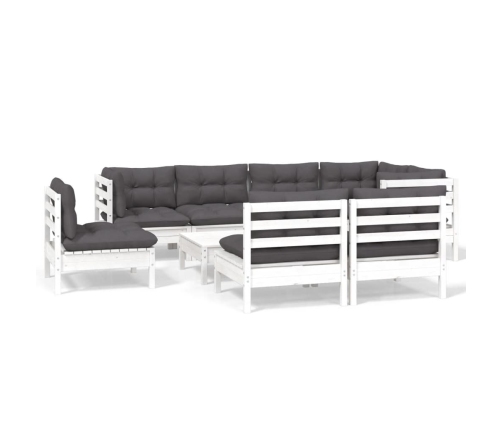 Muebles de jardín 9 pzas y cojines blanco madera maciza de pino