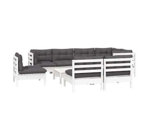 Muebles de jardín 9 pzas y cojines blanco madera maciza de pino
