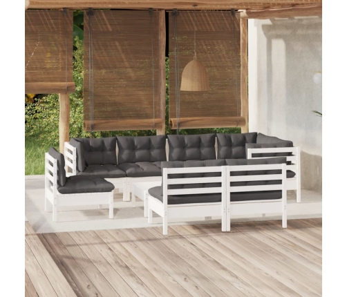 Muebles de jardín 9 pzas y cojines blanco madera maciza de pino