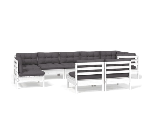 Muebles de jardín 9 pzas y cojines blanco madera maciza de pino