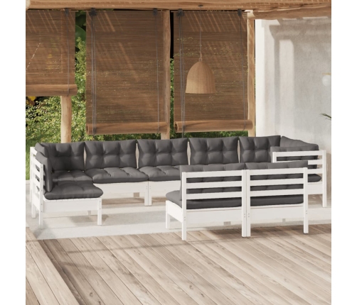 Muebles de jardín 9 pzas y cojines blanco madera maciza de pino