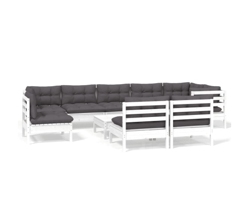 Muebles de jardín 10 pzas y cojines blanco madera maciza de pino