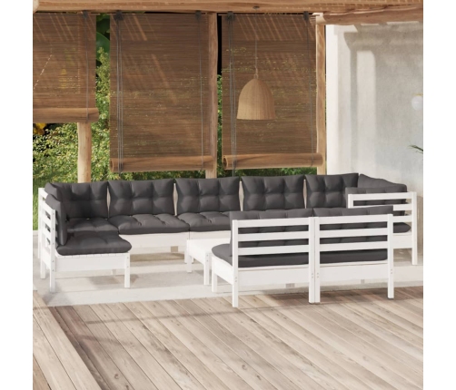 Muebles de jardín 10 pzas y cojines blanco madera maciza de pino
