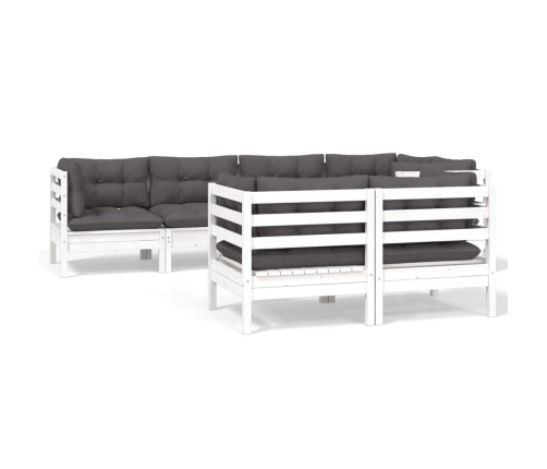 Muebles de jardín 7 pzas y cojines blanco madera maciza de pino