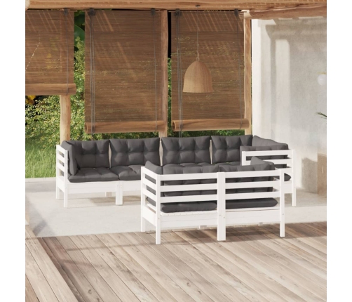 Muebles de jardín 7 pzas y cojines blanco madera maciza de pino