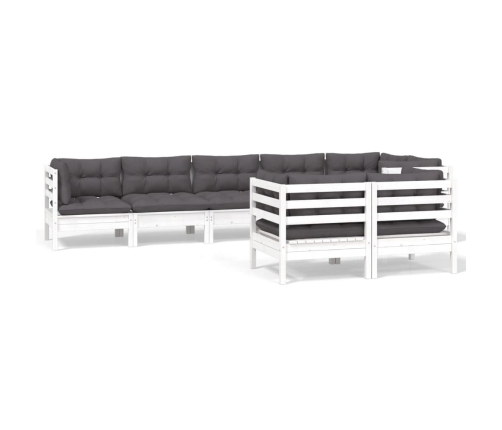 Muebles de jardín 8 pzas y cojines blanco madera maciza de pino