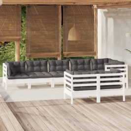 Muebles de jardín 8 pzas y cojines blanco madera maciza de pino