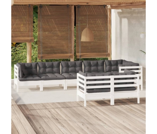 Muebles de jardín 8 pzas y cojines blanco madera maciza de pino