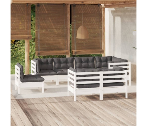 Muebles de jardín 8 pzas y cojines blanco madera maciza de pino