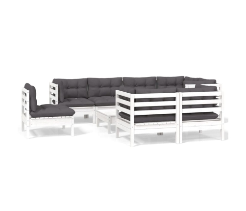 Muebles de jardín 9 pzas con cojines blanco madera maciza pino