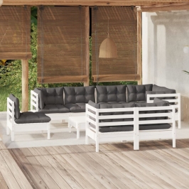 Muebles de jardín 9 pzas con cojines blanco madera maciza pino