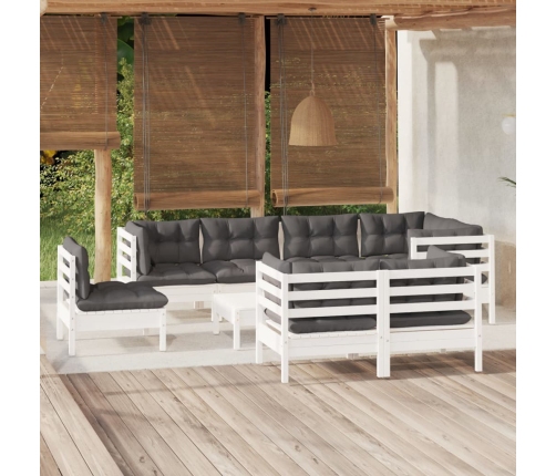 Muebles de jardín 9 pzas con cojines blanco madera maciza pino