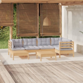 Juego de muebles de jardín 7 pzas y cojines madera maciza pino