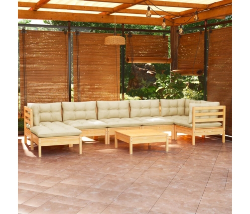 Muebles de jardín 8 pzas y cojines madera maciza de pino crema