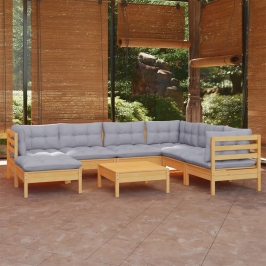 Juego de muebles de jardín 8 pzas y cojines madera maciza pino