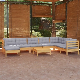 Juego de muebles de jardín 9 pzas y cojines madera maciza pino