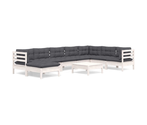 Muebles de jardín 9 pzas y cojines blanco madera maciza de pino