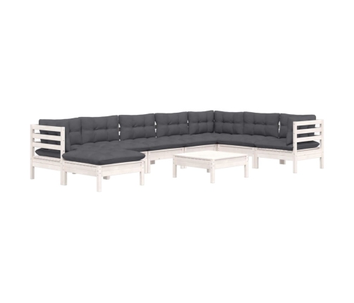Muebles de jardín 9 pzas y cojines blanco madera maciza de pino