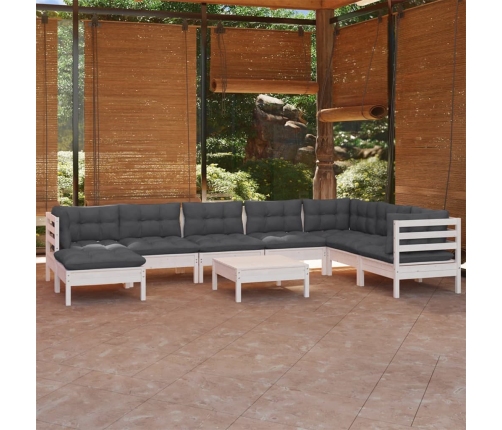 Muebles de jardín 9 pzas y cojines blanco madera maciza de pino