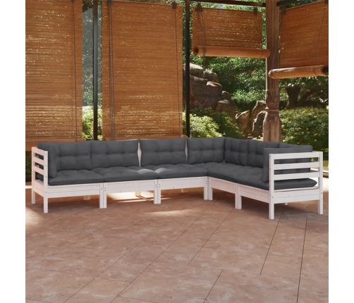 Muebles de jardín 6 pzas y cojines blanco madera maciza de pino
