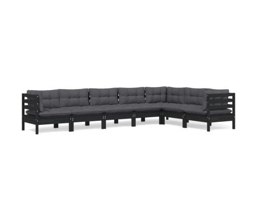 Muebles de jardín 7 pzas y cojines negro madera maciza de pino
