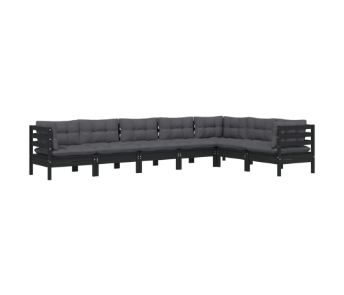 Muebles de jardín 7 pzas y cojines negro madera maciza de pino