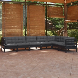 Muebles de jardín 7 pzas y cojines negro madera maciza de pino