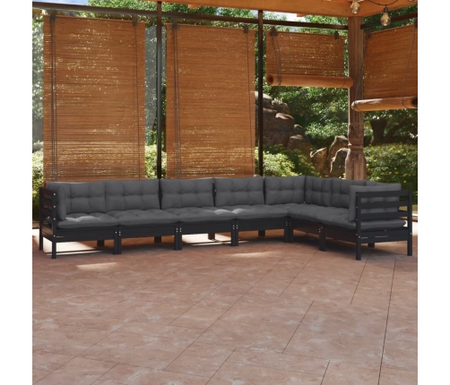 Muebles de jardín 7 pzas y cojines negro madera maciza de pino