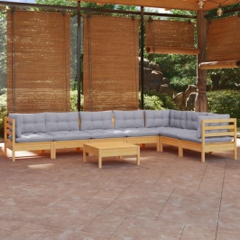 Juego de muebles de jardín 8 pzas y cojines madera maciza pino