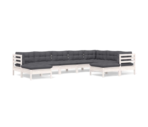 Muebles de jardín 9 pzas y cojines blanco madera maciza de pino