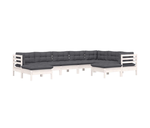 Muebles de jardín 9 pzas y cojines blanco madera maciza de pino
