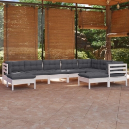 Muebles de jardín 9 pzas y cojines blanco madera maciza de pino
