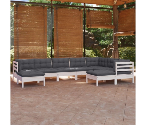 Muebles de jardín 9 pzas y cojines blanco madera maciza de pino