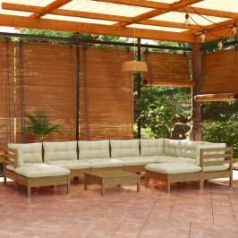 Muebles de jardín 10 pzas y cojines madera de pino marrón miel