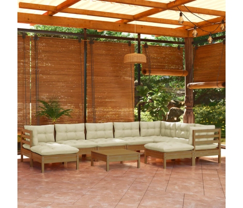 Muebles de jardín 10 pzas y cojines madera de pino marrón miel