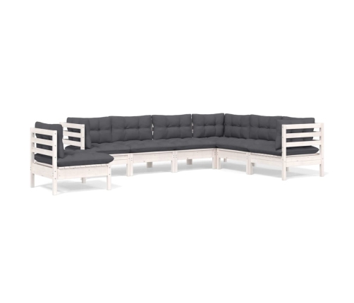Muebles de jardín 7 pzas y cojines blanco madera maciza de pino