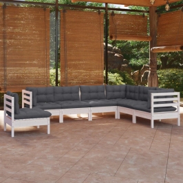 Muebles de jardín 7 pzas y cojines blanco madera maciza de pino