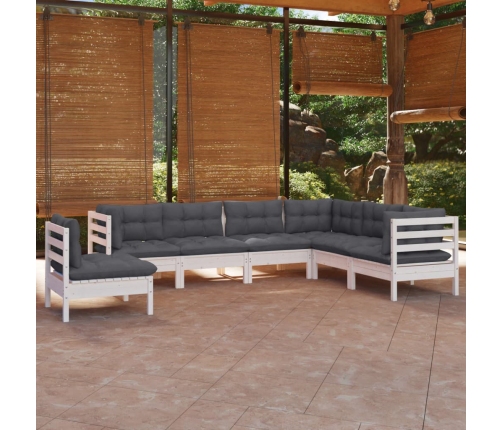Muebles de jardín 7 pzas y cojines blanco madera maciza de pino