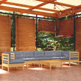 Juego de muebles de jardín 9 pzas y cojines madera maciza pino