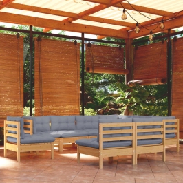 Juego de muebles de jardín 9 pzas y cojines madera maciza pino