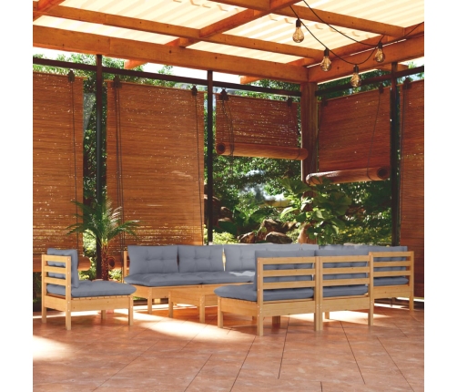 Juego de muebles de jardín 11 pzas y cojines madera maciza pino