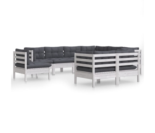 Muebles de jardín 9 pzas y cojines blanco madera maciza de pino